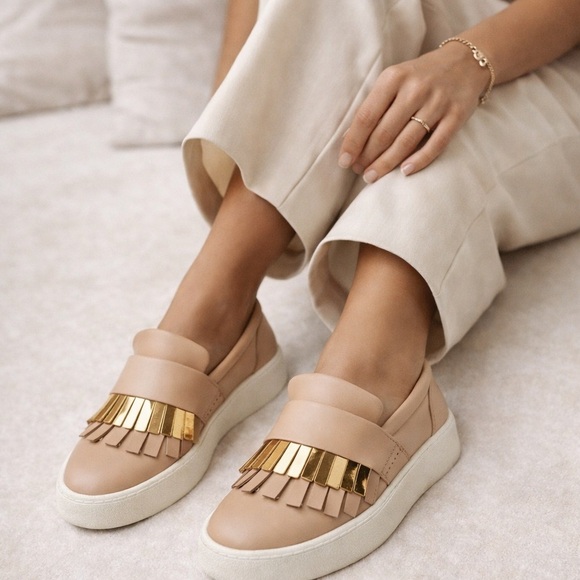 Giuseppe Zanotti Shoes - Giuseppe Zanotti Fringe Leather Sneakers Beige Gold Hardware Slip-On Size 6